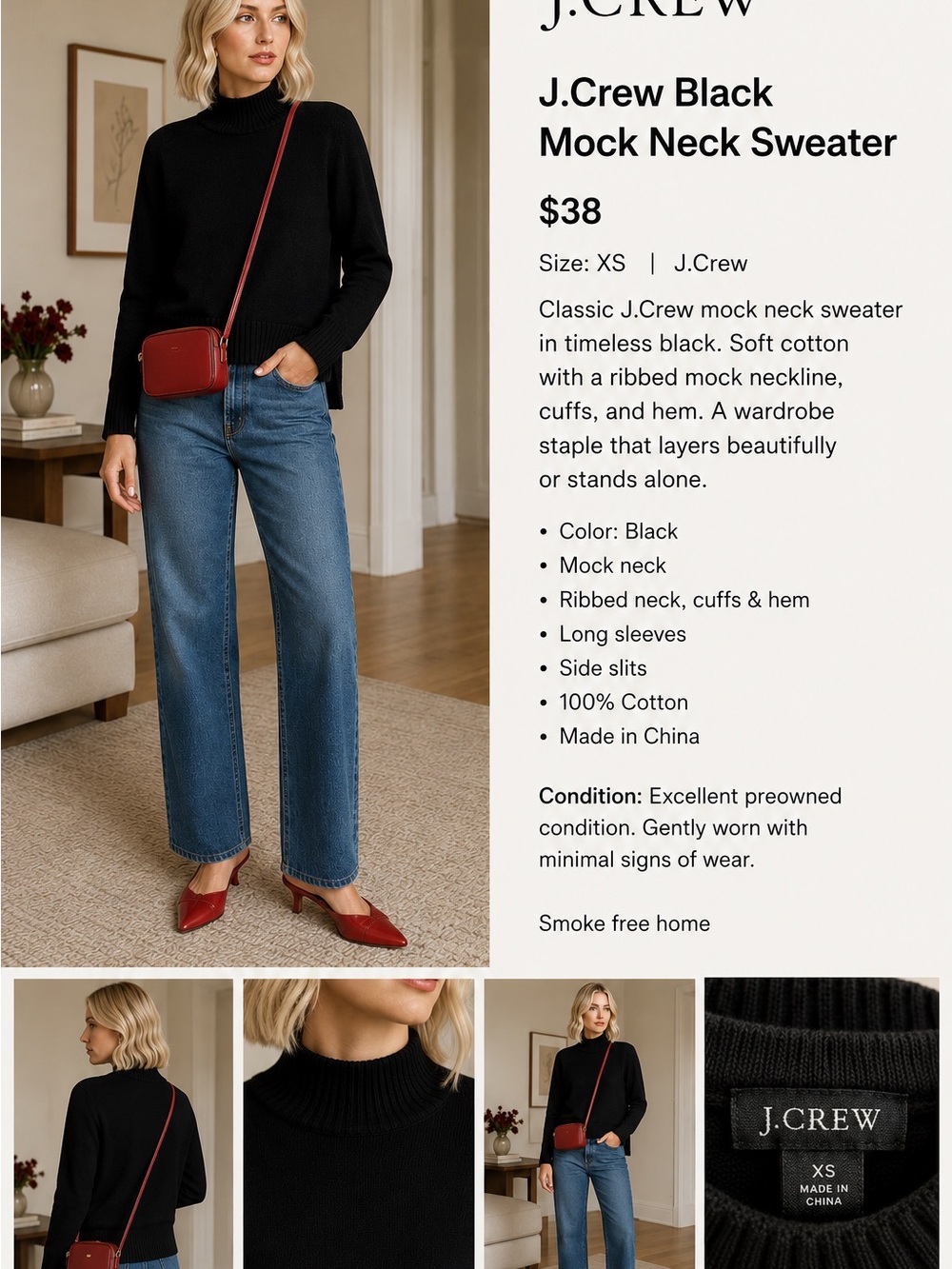 J.Crew Black Mock Neck Cotton Sweater